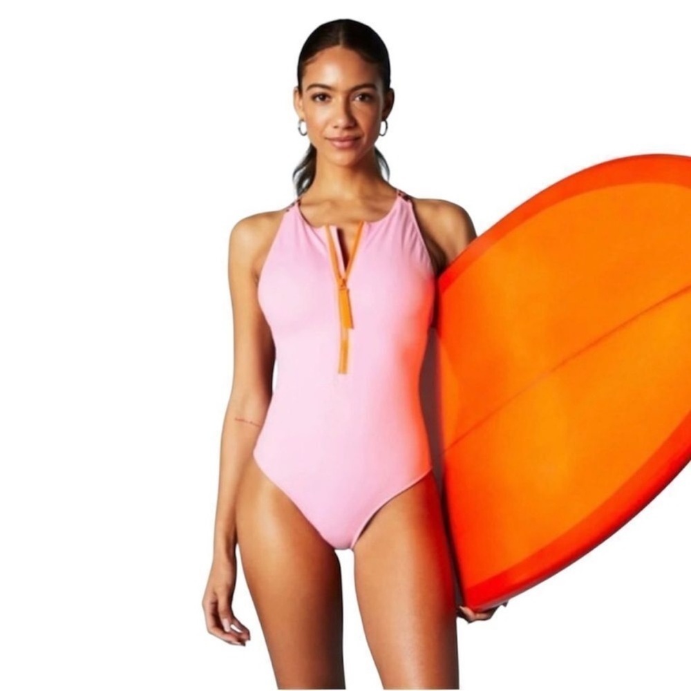 NWT Fabletics Zip Front Racerback Bright Ballerina One Piece Swimsuit Size XL